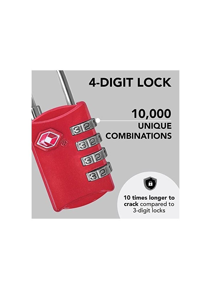 FARSH TSA Luggage Locks (Pack of 2) - 4 Digit Combination Steel Padlocks, Red