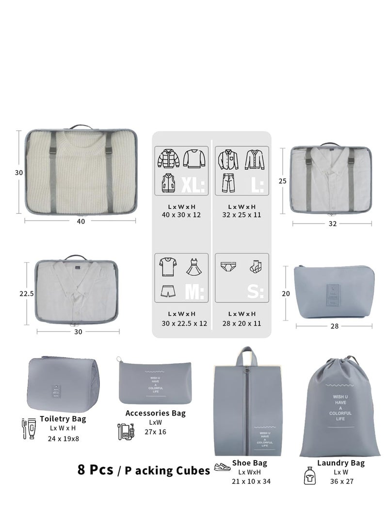 8 Set Packing Cubes for Suitcases Luggage Packing Organizers with Laundry Bag Shoe Bag Underwear Bag Travel Essentials Luggage Organizer Cubes for Travel Accessories (Grey)