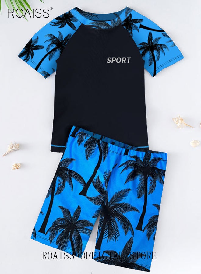 2 Piece Boys Swimsuit Swimming Trunks Set Toddler Kids Training Quick Dry Swimwear Children Short Sleeves Clothing Beachwear Split Bathing Suit for Summer