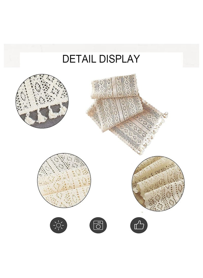 Table Runners Cotton Crochet Table Cover Lace Boho Wedding Table Runner, Beige Macrame Cotton Crochet Lace Table Runner with Tassels Bohemian Wedding Bridal Decor, Home Dining Table Decor (24x180cm)