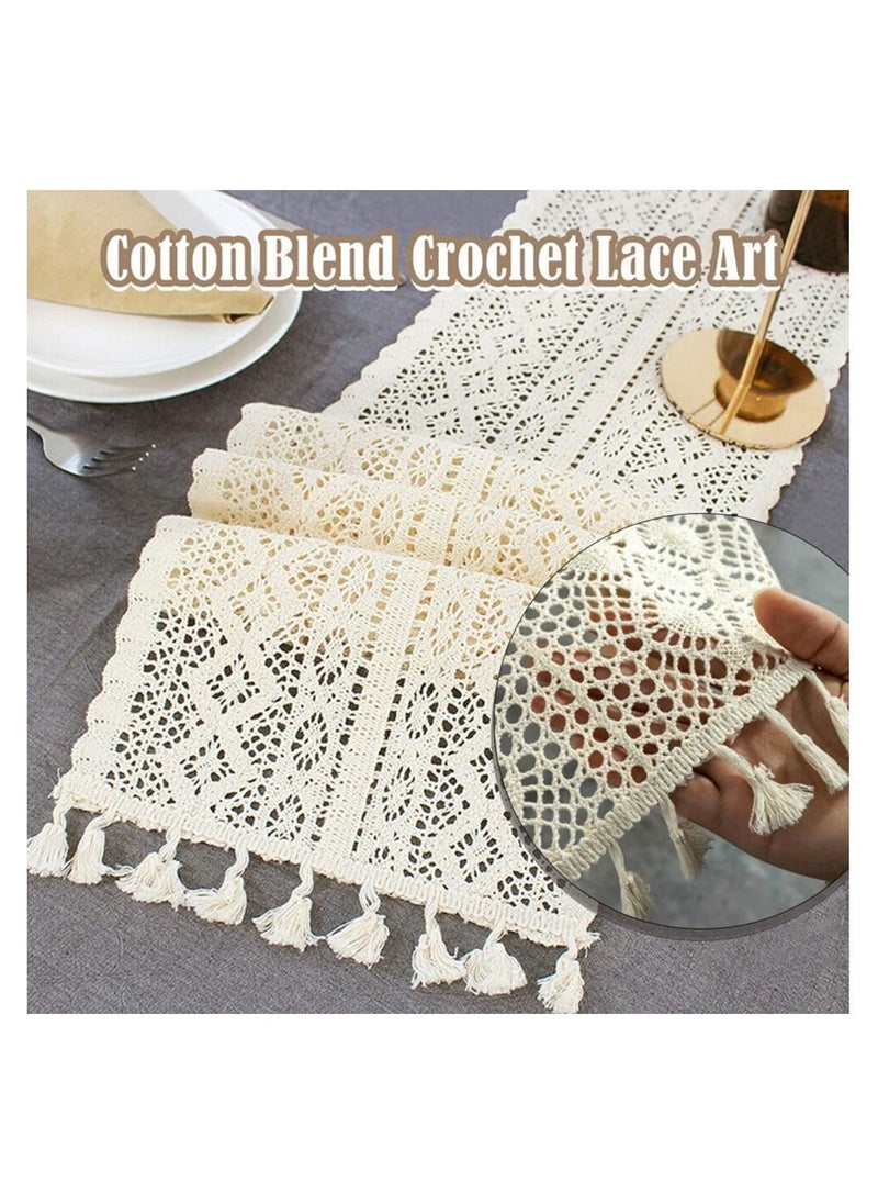 Table Runners Cotton Crochet Table Cover Lace Boho Wedding Table Runner, Beige Macrame Cotton Crochet Lace Table Runner with Tassels Bohemian Wedding Bridal Decor, Home Dining Table Decor (24x180cm)