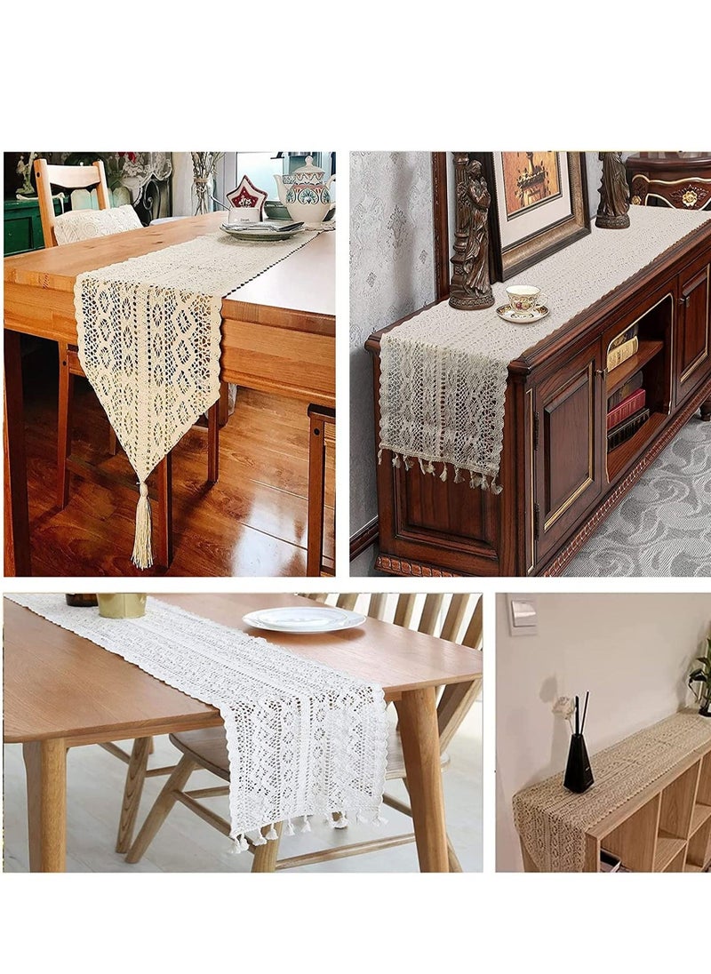 Table Runners Cotton Crochet Table Cover Lace Boho Wedding Table Runner, Beige Macrame Cotton Crochet Lace Table Runner with Tassels Bohemian Wedding Bridal Decor, Home Dining Table Decor (24x180cm)