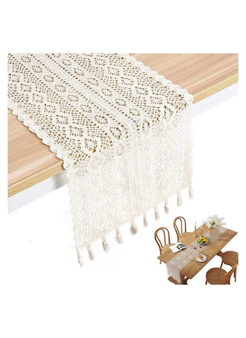 Table Runners Cotton Crochet Table Cover Lace Boho Wedding Table Runner, Beige Macrame Cotton Crochet Lace Table Runner with Tassels Bohemian Wedding Bridal Decor, Home Dining Table Decor (24x180cm)