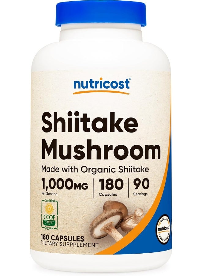 Organic Shiitake Mushroom Capsules 1000Mg, 90 Servings - Certified Ccof Organic, Vegetarian, Gluten Free, 500Mg Per Capsule, 180 Capsules