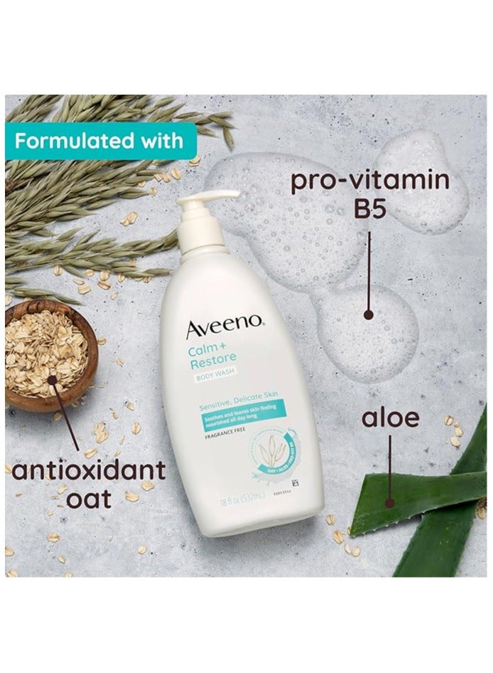 Aveeno Calm +Restore Body Wash for Sensitive and Delicate Skin, Fragrance Free,18 Fl oz (532mL)
