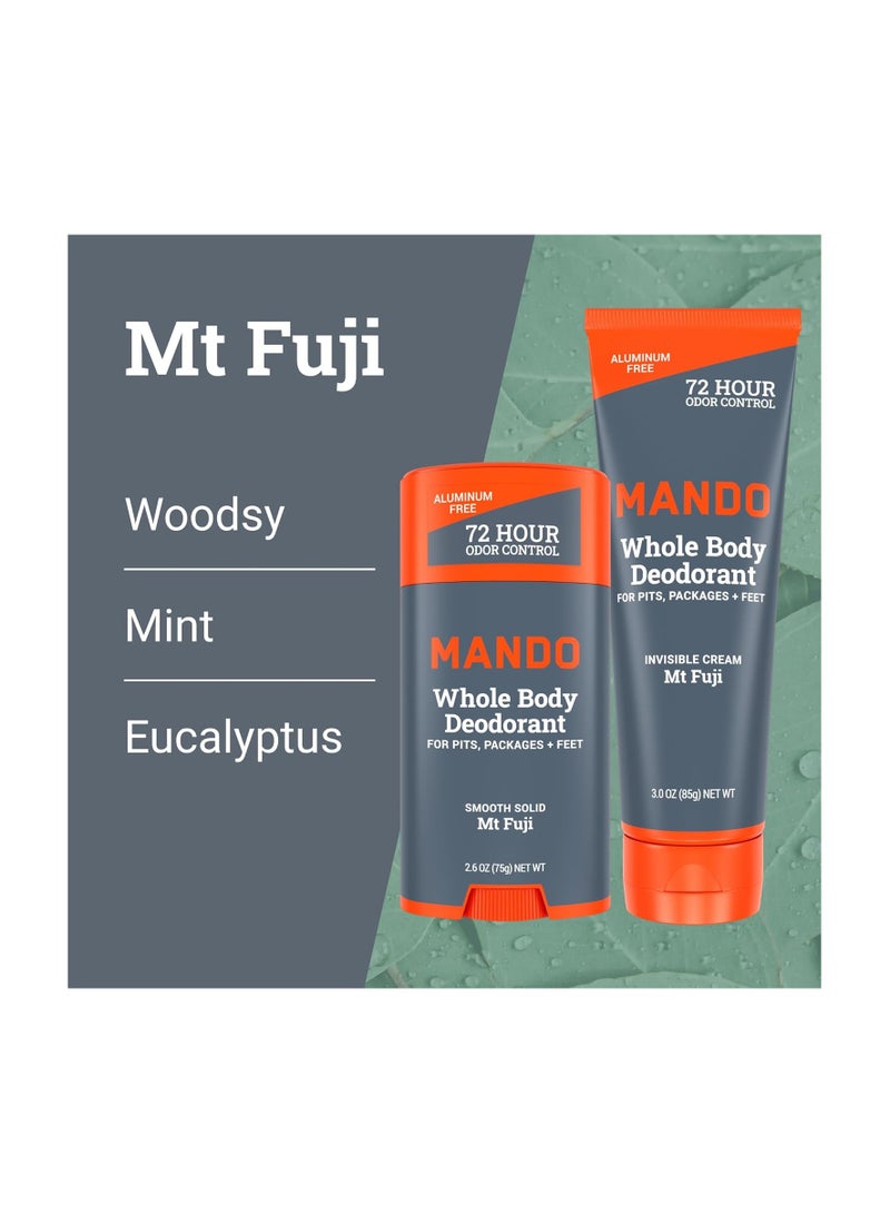 Mando Whole Body Deodorant - Invisible Cream Tube and Solid Stick - 72 Hour Odor Control - Aluminum Free, Baking Soda Free, Skin Safe - 3.0 Ounce Tube and 2.6 Ounce Solid Stick Bundle - Mt Fuji