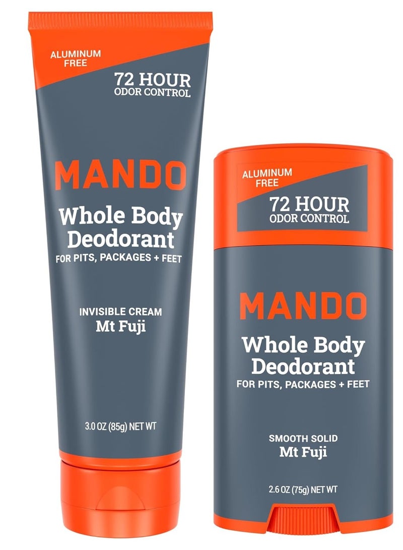 Mando Whole Body Deodorant - Invisible Cream Tube and Solid Stick - 72 Hour Odor Control - Aluminum Free, Baking Soda Free, Skin Safe - 3.0 Ounce Tube and 2.6 Ounce Solid Stick Bundle - Mt Fuji