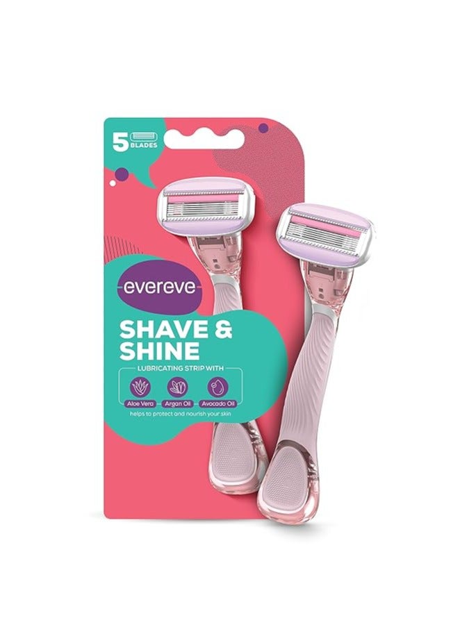 Evereve shave and shine 5 blade Razor for women, 1Pc, Quick & Easy hair removal with Aloe Vera, Argan Oil & Vitamin E, Flexible & rounded head, Non-slip rubber handle