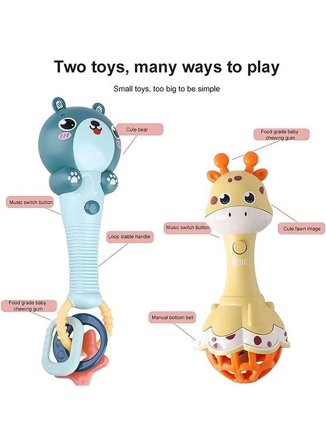 Baby Rattles Teething Toys, Grab Shaker Rattle with Music and Lights, Soft Silicone Ears for Teething Sleep Soother Teething Toy for 0 3 6 912 Month Newborn Infant Baby (Blue+Yellow)