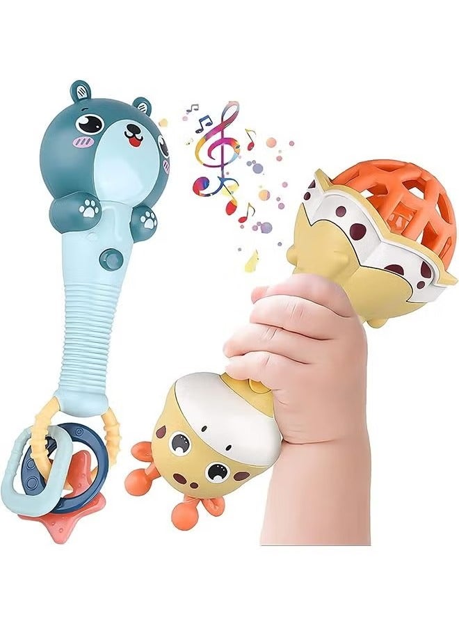 Baby Rattles Teething Toys, Grab Shaker Rattle with Music and Lights, Soft Silicone Ears for Teething Sleep Soother Teething Toy for 0 3 6 912 Month Newborn Infant Baby (Blue+Yellow)