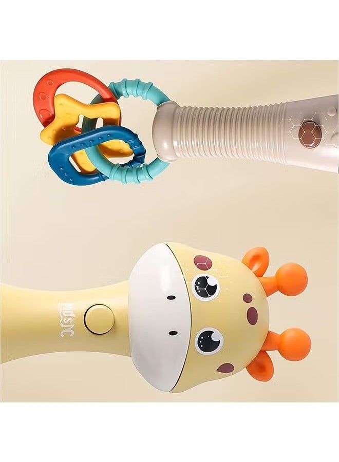 Baby Rattles Teething Toys, Grab Shaker Rattle with Music and Lights, Soft Silicone Ears for Teething Sleep Soother Teething Toy for 0 3 6 912 Month Newborn Infant Baby (Blue+Yellow)