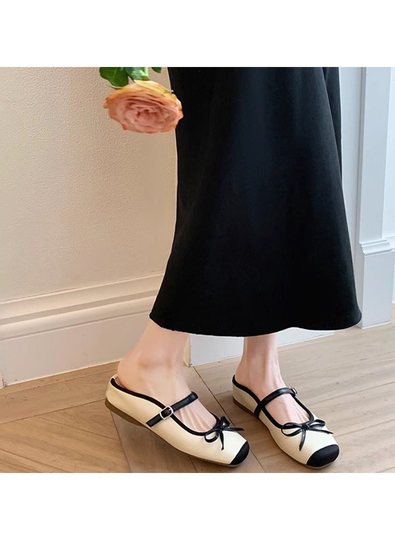 Women's New Higher Bow One Word Shallow Mouth Ballet Semi Slipper Single Shoes