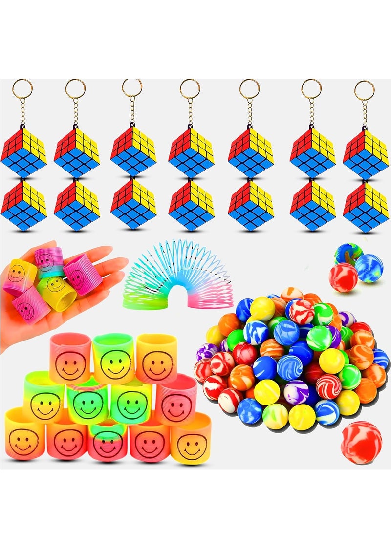 Pack of 54 Party Favors – 30 Pcs Mixed Color Bouncy Balls, 12 Pcs Mini Magic Cube Keychain Puzzles, 12 Pcs Mini Spring Toys – Fun Goodie Bag Fillers for Kids, Birthday Gifts for Ages 4-8