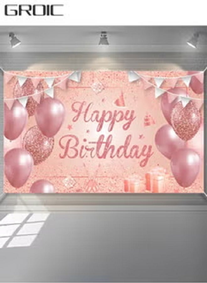 Happy Birthday Party Decorations Supplies Birthday Party Backdrop Happy Birthday Banner Baby Shower Photography Background Photo Booth Pink and Rose Gold 185*110cm