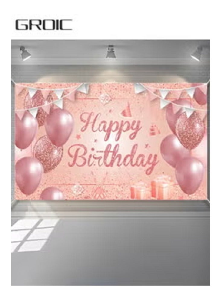 Happy Birthday Party Decorations Supplies Birthday Party Backdrop Happy Birthday Banner Baby Shower Photography Background Photo Booth Pink and Rose Gold 185*110cm