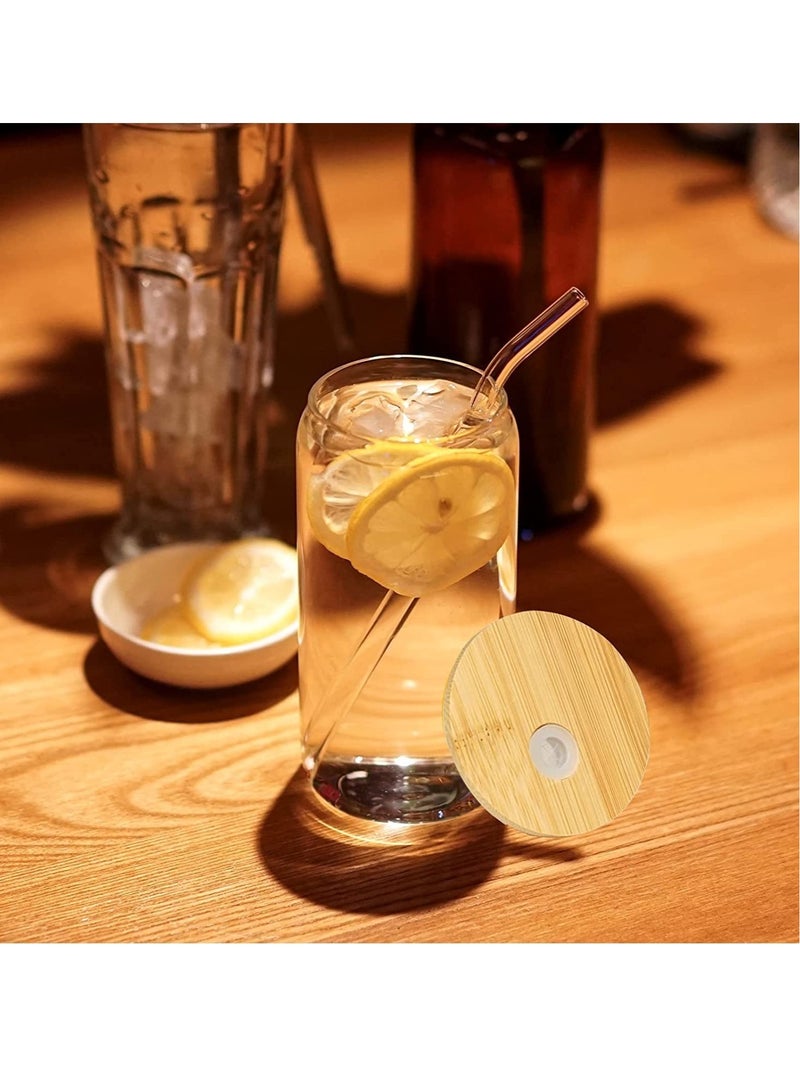 Drinking Glasses Can Shaped with Bamboo Lids and Glass Straw 3pcs Set - 16oz 600ml Coffee, Soda Glass, Beer Glasses, Iced Coffee Glasses, Cute Tumbler Cup, Heat-Resistant Drink Glass