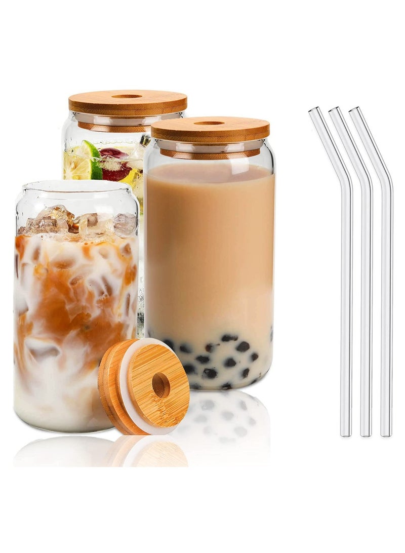 Drinking Glasses Can Shaped with Bamboo Lids and Glass Straw 3pcs Set - 16oz 600ml Coffee, Soda Glass, Beer Glasses, Iced Coffee Glasses, Cute Tumbler Cup, Heat-Resistant Drink Glass