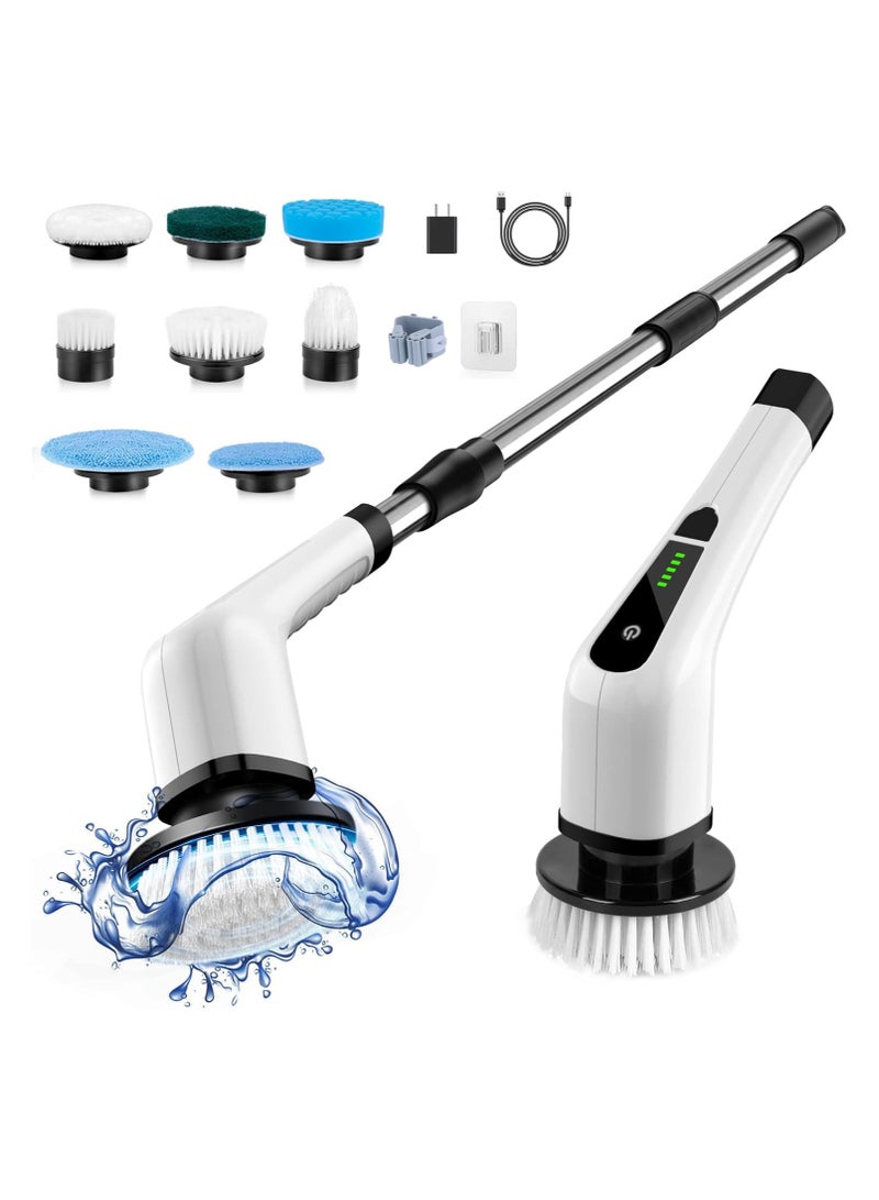 Bomves Cordless Electric Spin Scrubber, Electric Cleaning Brush with 8 Replacement Brush Heads, 90Mins Working Time, 3 Adjustable Handle, 2 Adjustable Speeds for Bathroom Kitchen Bathtub Glass Car