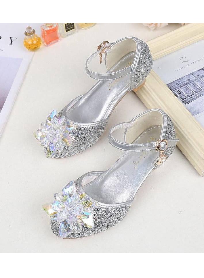 Girls Princess Leather Shoes for Kids Sandals Crystal Glitter Children High Heel Diamond Student Banquet Dance Show Shoes