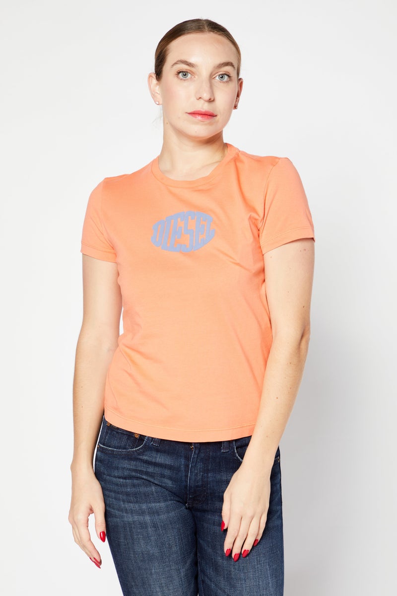 Women Crew Neck Short Sleeves Brand Logo T-Shirt, Orange/Blue