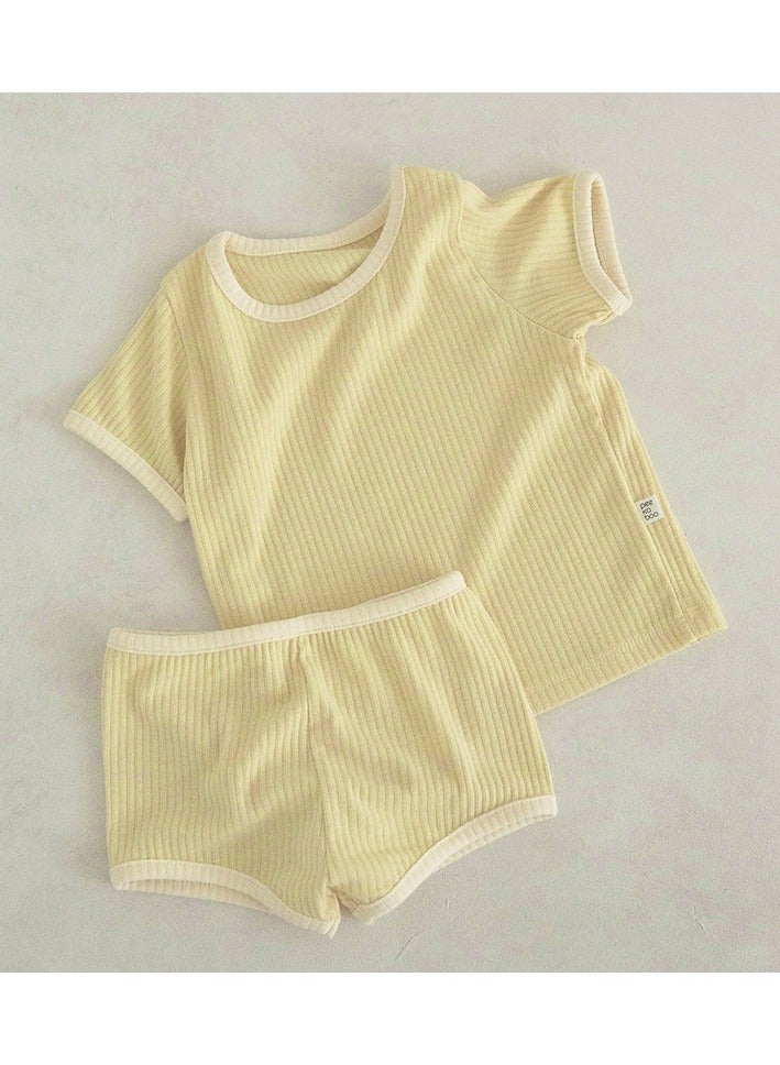 Baby Soft Breathable Cotton Short-Sleeved T-Shirt + Shorts Split Dark YellowTwo-Piece Set