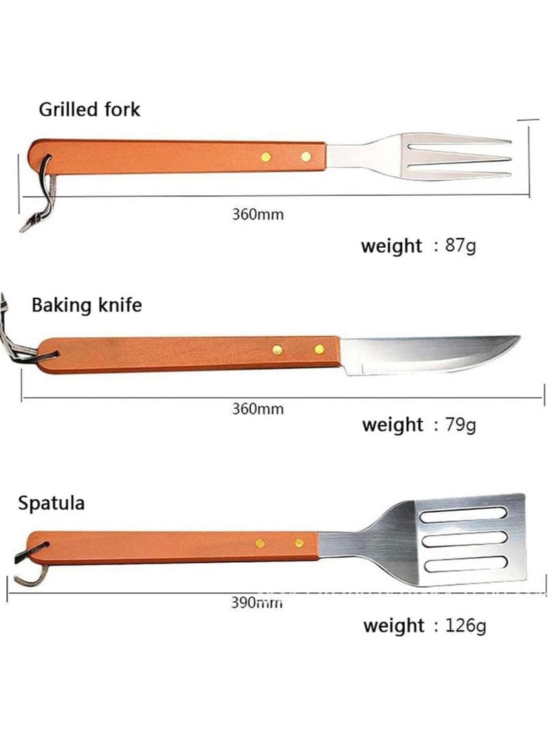 BBQ Grill Tool Set Stainless Steel  Barbecue Accessories with Wooden Handles | 5-Piece Grilling Utensils Kit for Outdoor Cooking, Camping, Tailgating & Backyard BBQs | Spatula, Tongs, Fork, Knife, and Brush