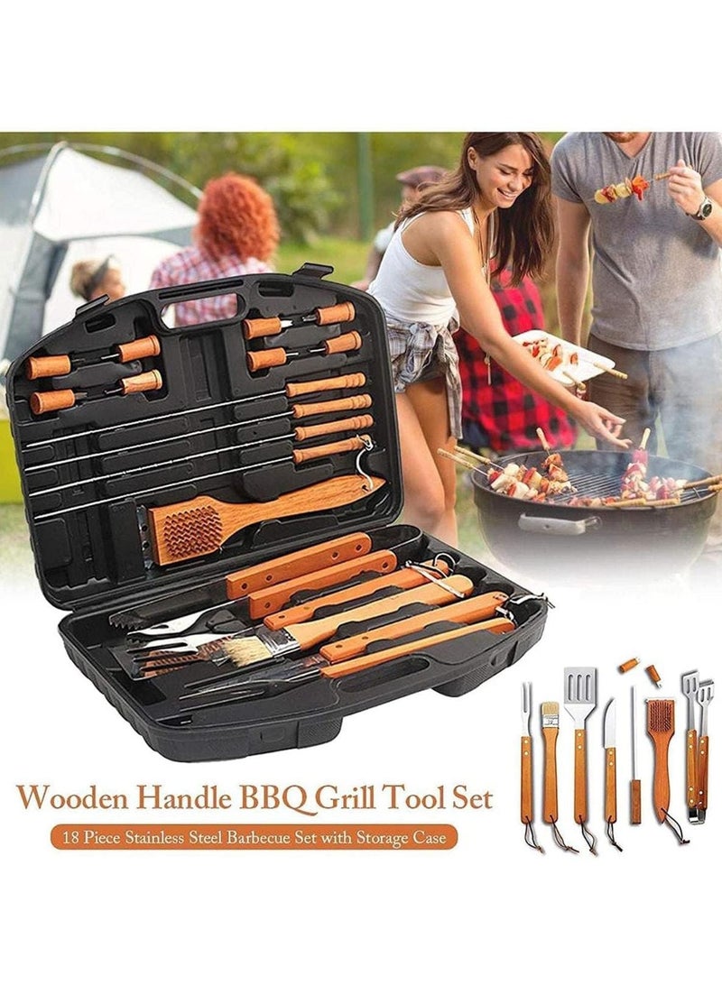 BBQ Grill Tool Set Stainless Steel  Barbecue Accessories with Wooden Handles | 5-Piece Grilling Utensils Kit for Outdoor Cooking, Camping, Tailgating & Backyard BBQs | Spatula, Tongs, Fork, Knife, and Brush