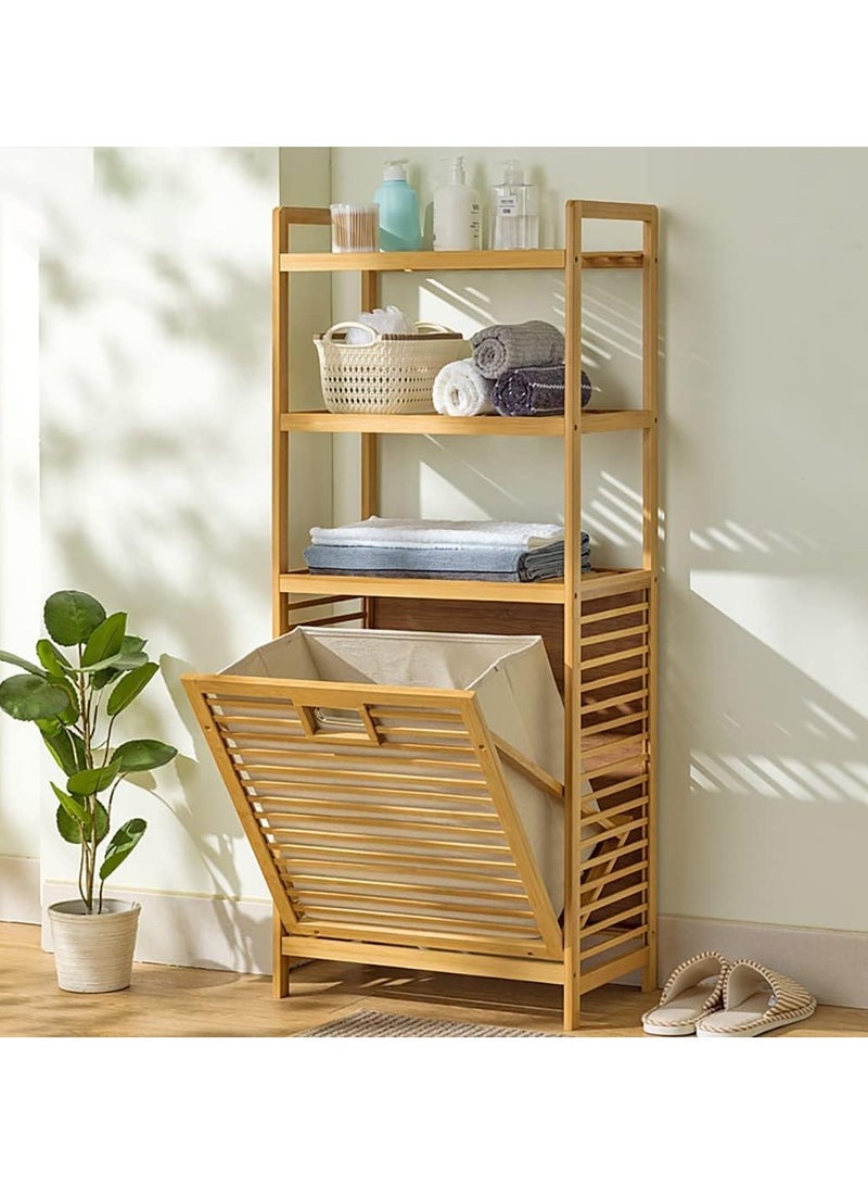 Bamboo Tilt-Out Laundry Hamper Cabinet, Bathroom Storage Cabinet with Basket, Shelves and Handles for Clothes, Bedroom