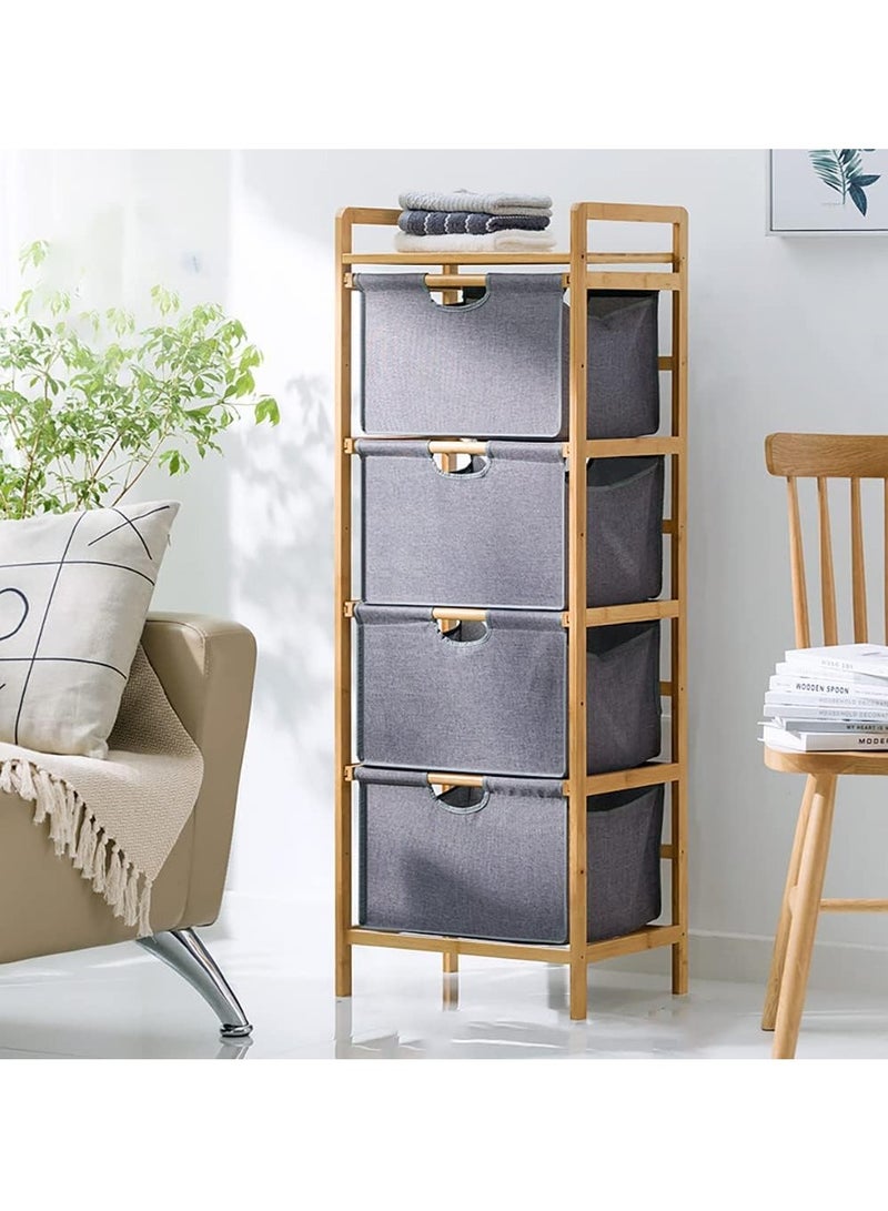 Freestanding Storage Shelf Hamper with Pull Out Drawers for Towels Linens Sheets Clothes - Natural Bamboo Wooden Organizer Basket for Bedroom Bathroom Laundry (4 Layer(121 * 45 * 32))