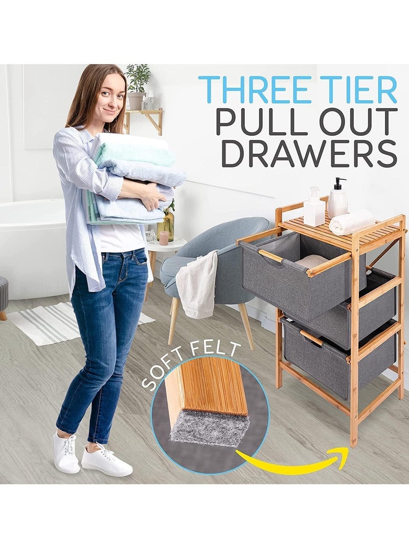 4 Tier Freestanding Storage Shelf Hamper with Pull Out Drawers for Towels Linens Sheets Clothes - Natural Bamboo Wooden Organizer Basket for Bedroom Bathroom Laundry