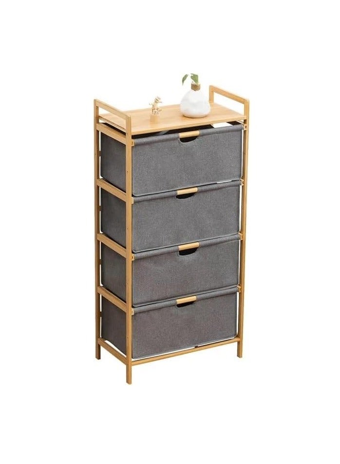 4 Tier Freestanding Storage Shelf Hamper with Pull Out Drawers for Towels Linens Sheets Clothes - Natural Bamboo Wooden Organizer Basket for Bedroom Bathroom Laundry
