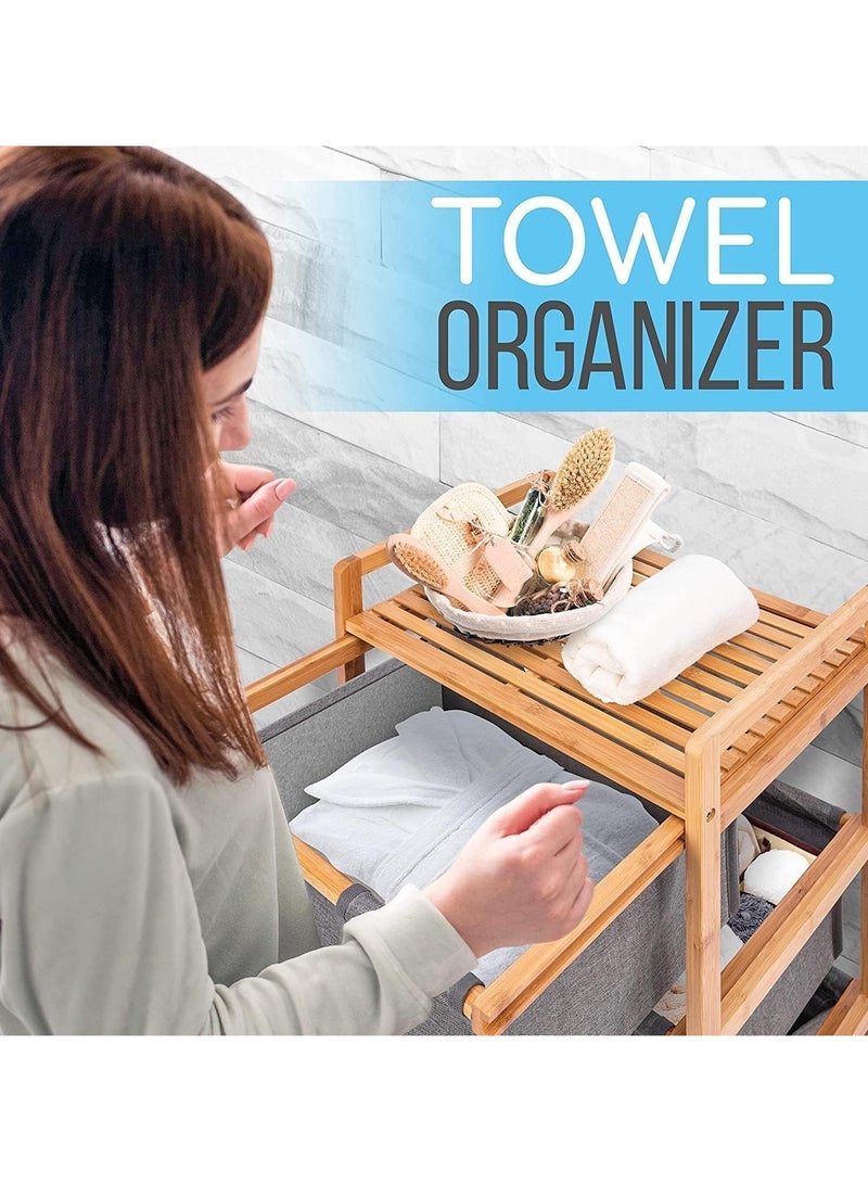 4 Tier Freestanding Storage Shelf Hamper with Pull Out Drawers for Towels Linens Sheets Clothes - Natural Bamboo Wooden Organizer Basket for Bedroom Bathroom Laundry