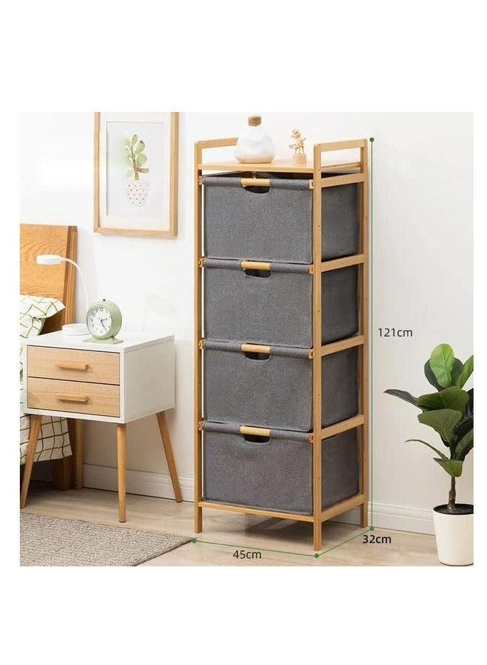 4 Tier Freestanding Storage Shelf Hamper with Pull Out Drawers for Towels Linens Sheets Clothes - Natural Bamboo Wooden Organizer Basket for Bedroom Bathroom Laundry
