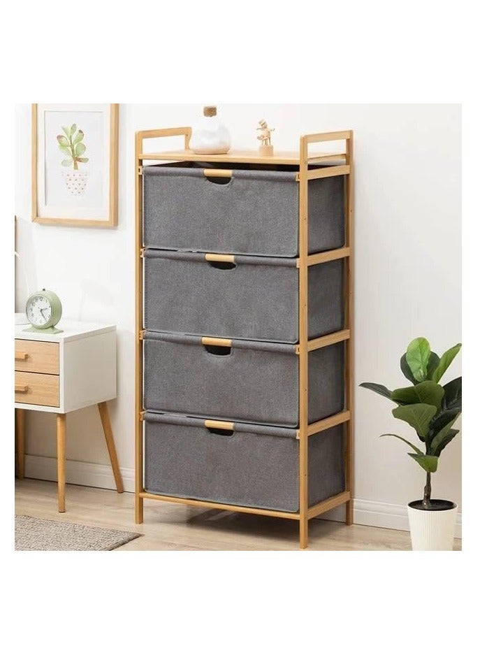 4 Tier Freestanding Storage Shelf Hamper with Pull Out Drawers for Towels Linens Sheets Clothes - Natural Bamboo Wooden Organizer Basket for Bedroom Bathroom Laundry