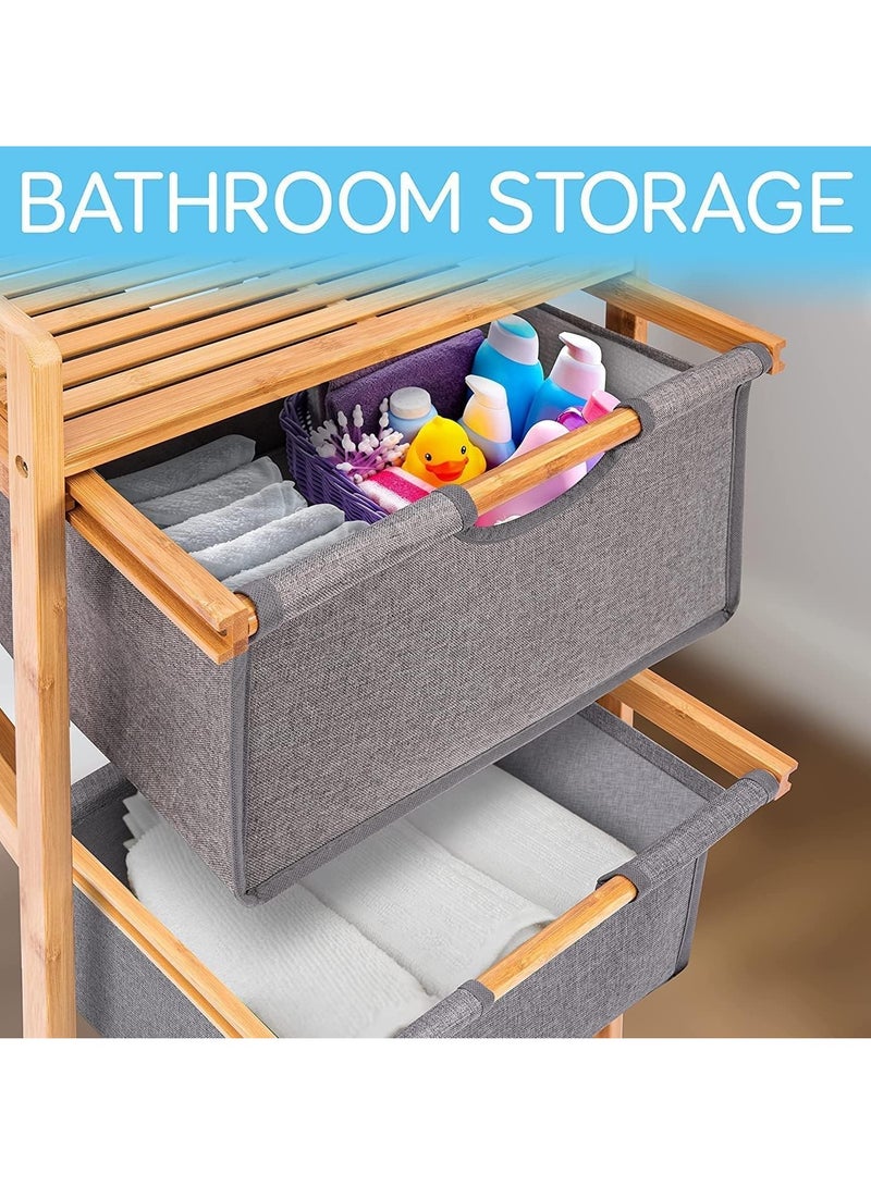 4 Tier Freestanding Storage Shelf Hamper with Pull Out Drawers for Towels Linens Sheets Clothes - Natural Bamboo Wooden Organizer Basket for Bedroom Bathroom Laundry