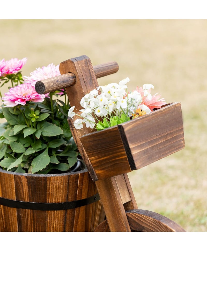FFD Decorative 3-Wheel Garden Pot for Outdoor Patio, Lawn, Backyard – Rustic Wooden Flower Vase Barrel for Plants, Garden Decoration, and Home Decor