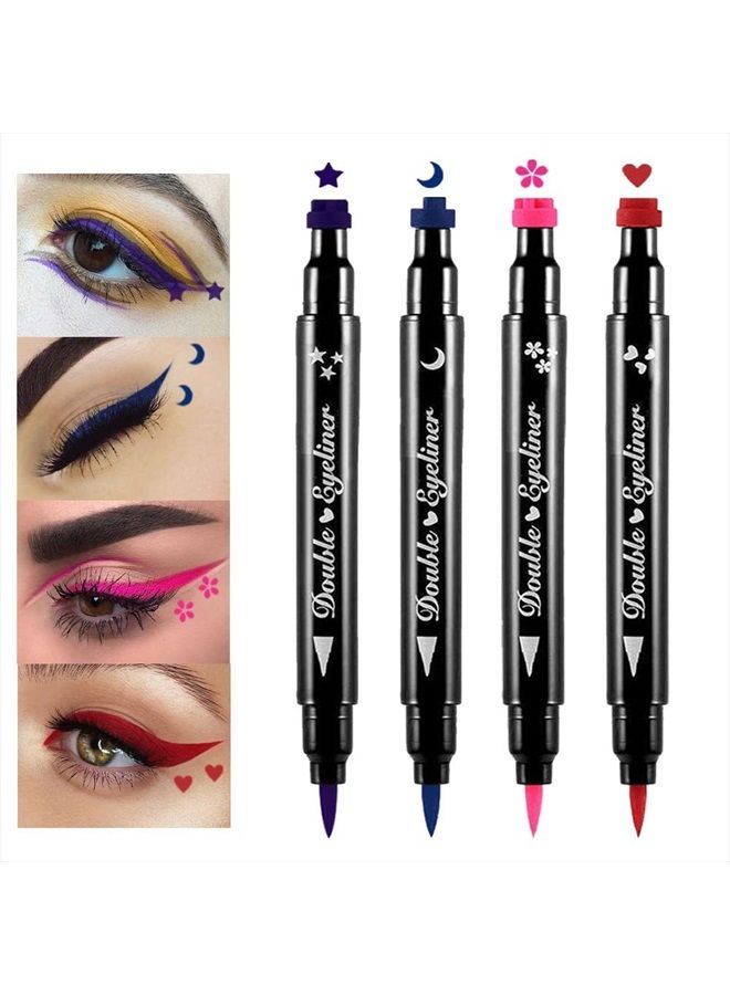 Colored Winged Eyeliners Stamp 4in1 Stars Flowers Hearts Moon Colorful Face Stamps Makeup Eyeliner Eye Stamp Liners Tool Set Kit for Women Purple Blue Red Pink Eyeliner Stamp Wingliner Shapes 02