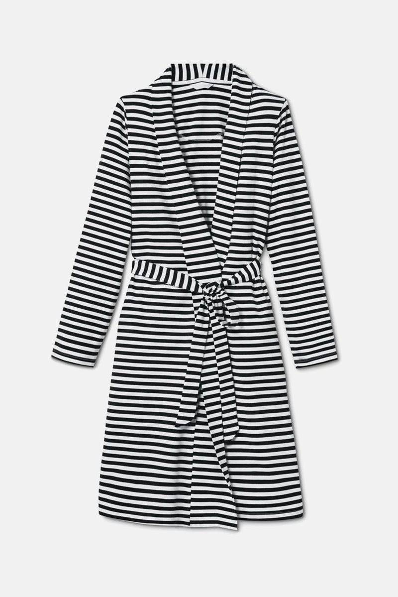 Women Notched Collar Long Sleeves Stripe Robe, Black