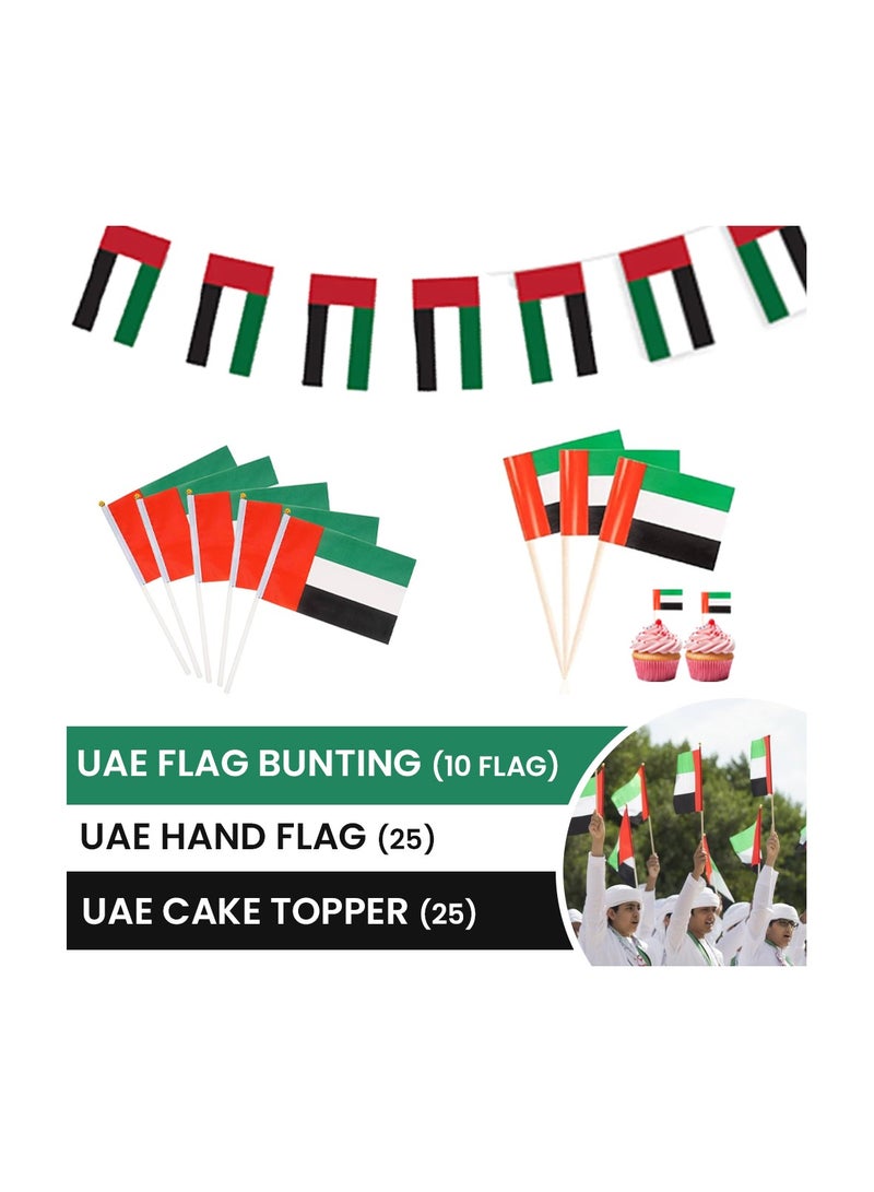 UAE National Day Party Supplies Combo – Includes 1 UAE Flag Bunting, 25 Handheld UAE Flags, and 25 Double-Sided Cake Toppers – Ideal for National Day Celebrations, UAE Events