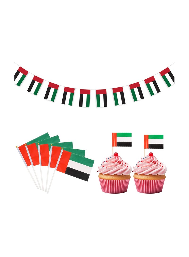 UAE National Day Party Supplies Combo – Includes 1 UAE Flag Bunting, 25 Handheld UAE Flags, and 25 Double-Sided Cake Toppers – Ideal for National Day Celebrations, UAE Events