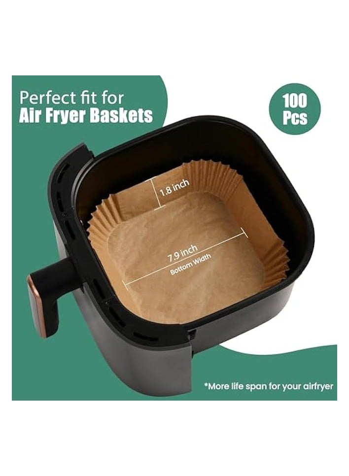 Square Air Fryer Paper Liners - 100 Pcs Air Fryer Paper 20 cm | 7.9 Inch Non Stick Air Fryer Disposable Paper Liner | Air Fryer Liner | Air Fryer Paper Square