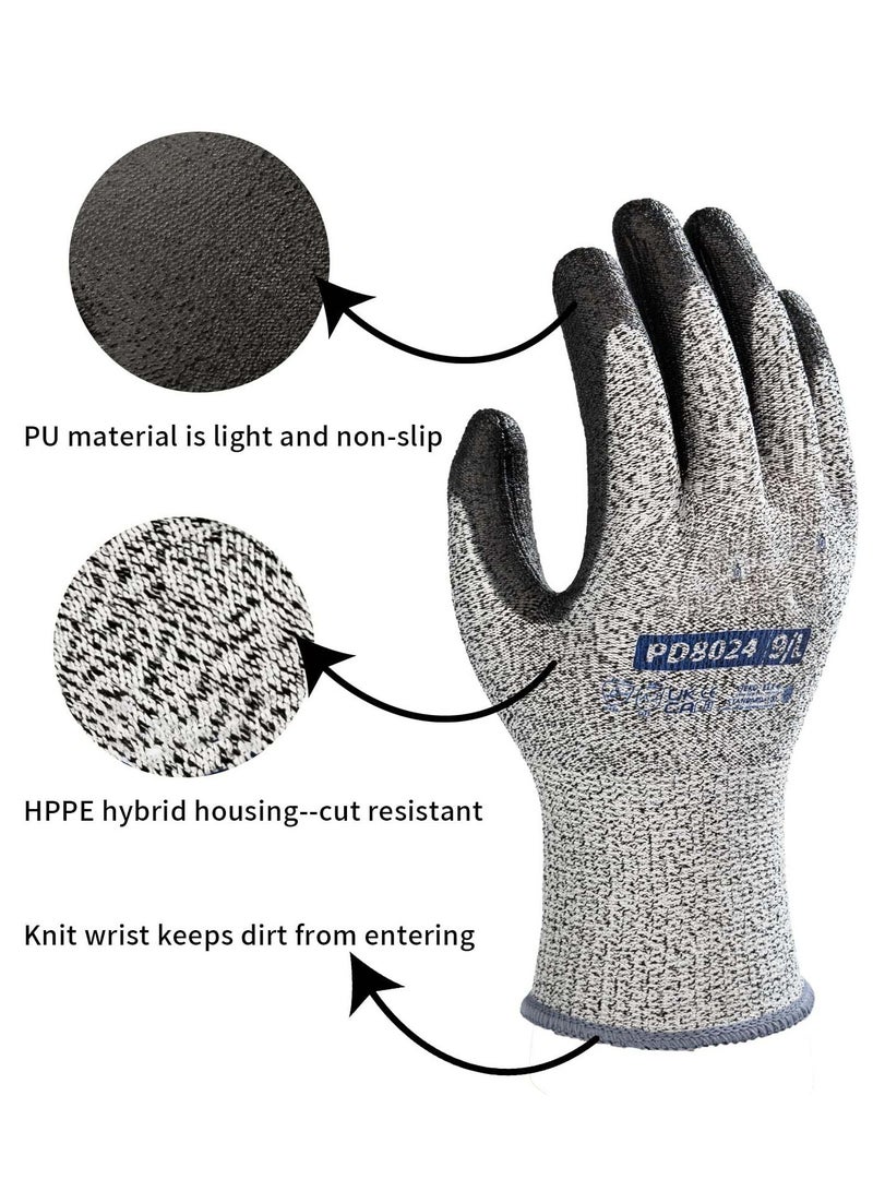 Cut Resistant Work Gloves, KASTWAVE Safety Work Gloves PU Palm Coated Gloves, Warehouse Construction All Purpose Work Gloves (3 Pairs)