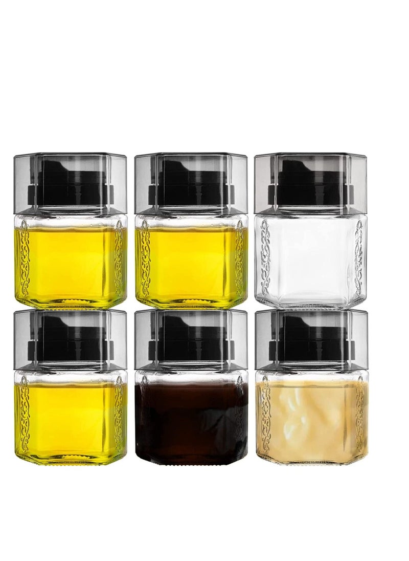 6 Pack Glass Honey Dispenser Oil Cruet, No Drip Olive Oil and Vinegar Dispenser Maple Syrup Dispenser Jars Crystal Salad Dressing Container Bottle with Cap for Kitchen Soy Sauce 8.5Oz