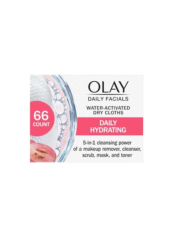 Olay Daily Facials, Daily Clean Makeup Removing Facial Cleansing Wipes, 5-in-1 Water Activated Cloths, Exfoliates, Tones and Hydrates Skin, 66 count