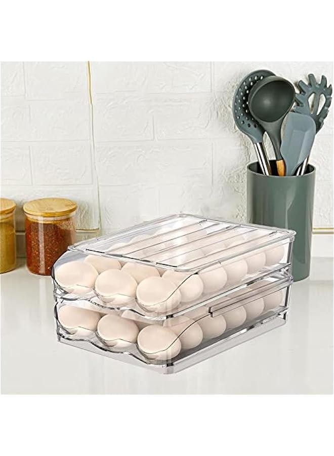 Refrigerator Rolling Egg Holder | Large Capacity Egg Dispenser | Reusable Clear Egg Tray Box With Lid | Egg Storage Container Organizer Bin | Space Saving Egg Tray For Refrigerator Countertop Cabine