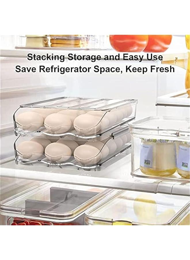 Refrigerator Rolling Egg Holder | Large Capacity Egg Dispenser | Reusable Clear Egg Tray Box With Lid | Egg Storage Container Organizer Bin | Space Saving Egg Tray For Refrigerator Countertop Cabine