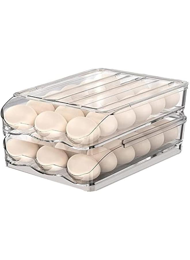 Refrigerator Rolling Egg Holder | Large Capacity Egg Dispenser | Reusable Clear Egg Tray Box With Lid | Egg Storage Container Organizer Bin | Space Saving Egg Tray For Refrigerator Countertop Cabine