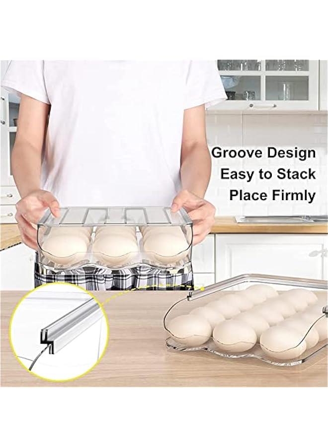 Refrigerator Rolling Egg Holder | Large Capacity Egg Dispenser | Reusable Clear Egg Tray Box With Lid | Egg Storage Container Organizer Bin | Space Saving Egg Tray For Refrigerator Countertop Cabine