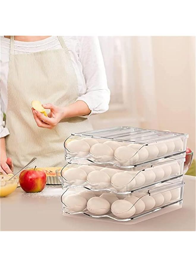 Refrigerator Rolling Egg Holder | Large Capacity Egg Dispenser | Reusable Clear Egg Tray Box With Lid | Egg Storage Container Organizer Bin | Space Saving Egg Tray For Refrigerator Countertop Cabine