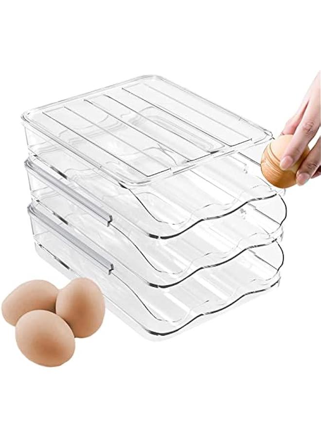 Refrigerator Rolling Egg Holder | Large Capacity Egg Dispenser | Reusable Clear Egg Tray Box With Lid | Egg Storage Container Organizer Bin | Space Saving Egg Tray For Refrigerator Countertop Cabine